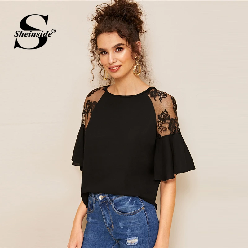 Sheinside Black Contrast Lace Trim Patchwork Blouse Women Summer Flounce Sleeve Blouses Ladies Solid Half Sleeve Top