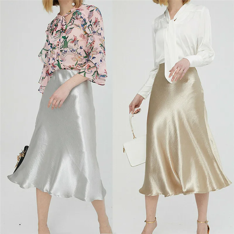 Женская Блестящая атласная юбка труба серебристая/Золотистая офисная до колена