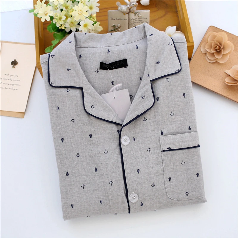 cotton double gauze summer pajamas sets men short sleeve home clothing spring sleepwear long pants breathable absorbent | Мужская одежда