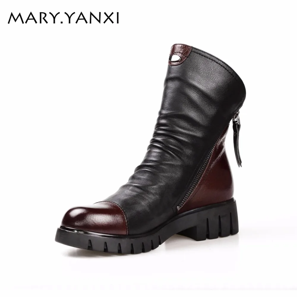 Mary.Yanxi New Fashion Genuine Leather Women Shoes Square Heels Platform Mid Calf Boots Winter Short Plush Ladies Big Size | Обувь