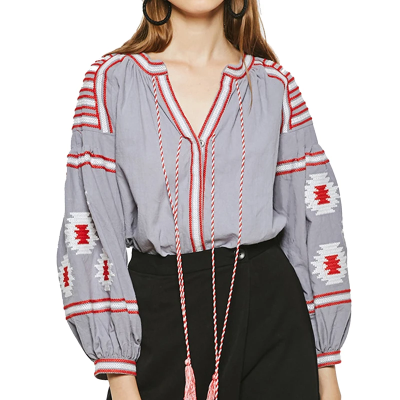 chic BOHO women Blouse geometirc embroidered Cotton shirt nine quarter lantern sleeve five colors loose Casual Women's Blouses | Женская