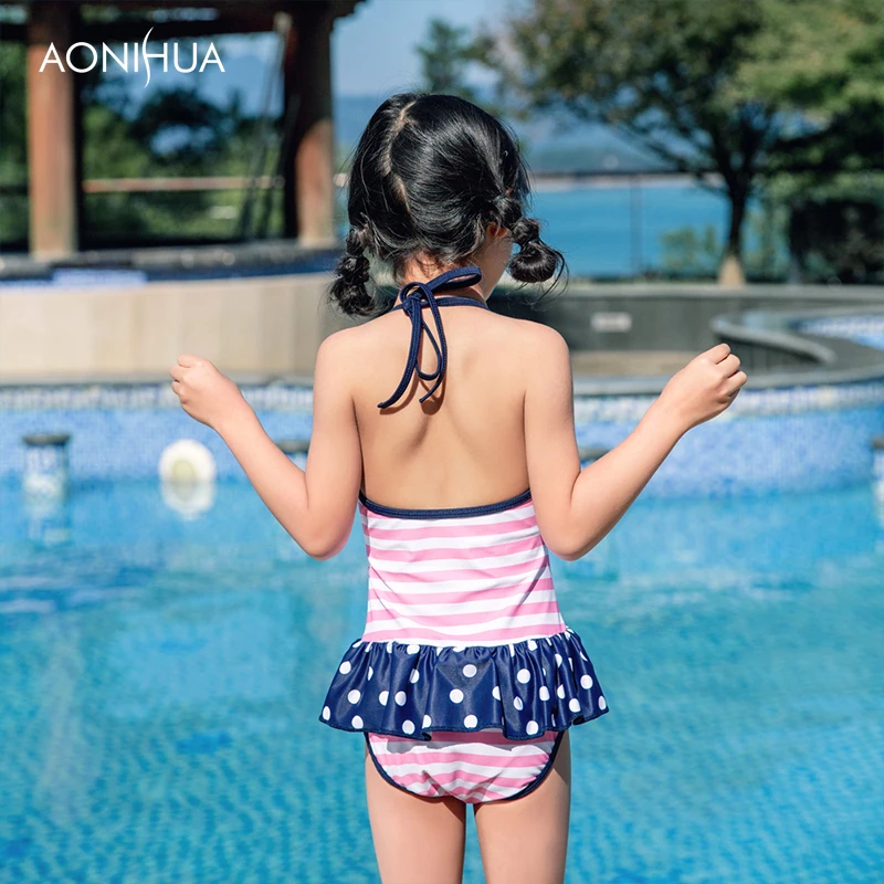 

AONIHUA swimming one-piece suits Waterproof Powder stripe For Sweet Girls Swimwear Batching Suit Travel/Swim Dress 2-12 Years