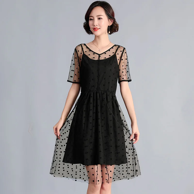 Летнее миди платье 2019 красивое Сетчатое в горошек с имитацией двух прозрачных