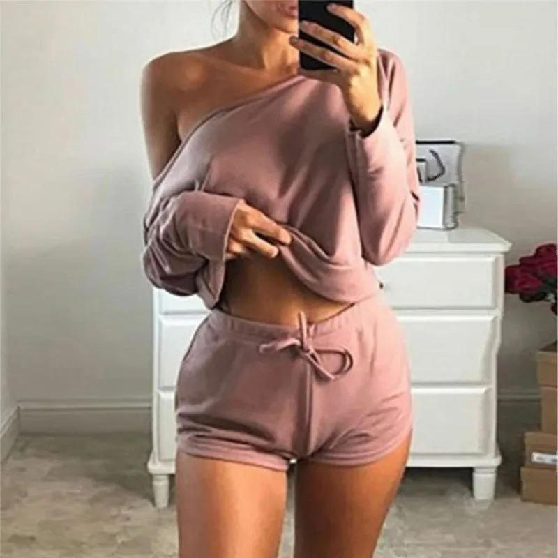 New Fashion Women's Ladies Two-Piece Top Shorts Summer Set Outfits Solid Casual Off Shoulder Strapless Full Sleeve Pullovers |