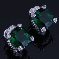 superior square green cubic zirconia white cz silver plated clip hoop huggie earrings v0906