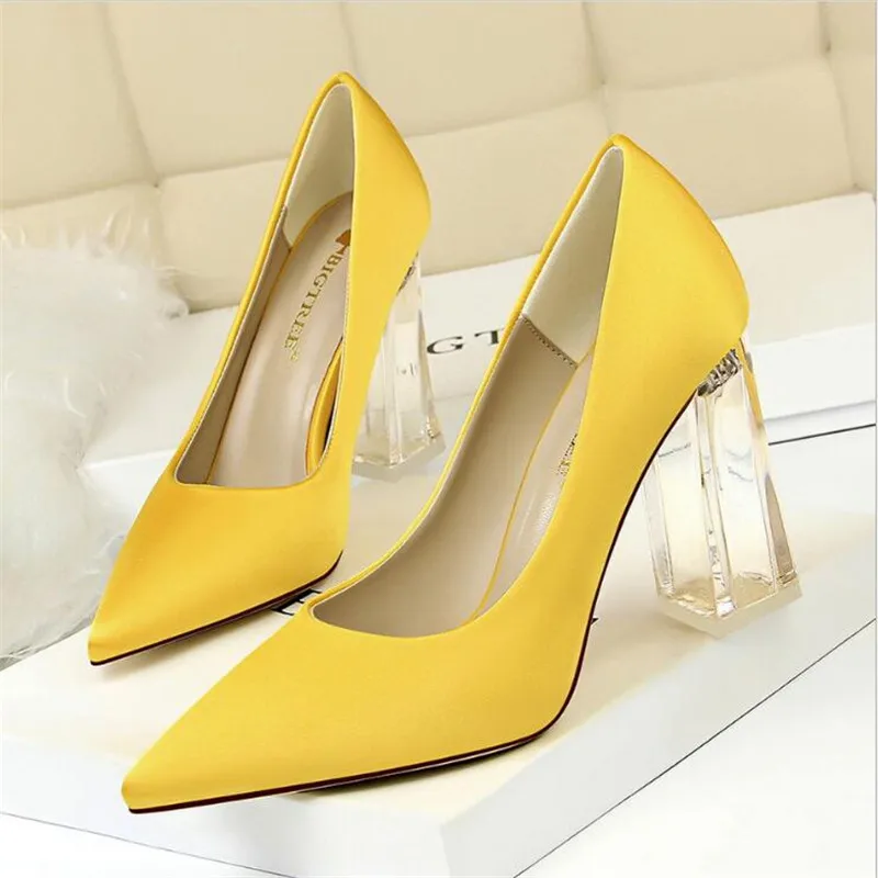 

2019 Plus Size 43 Women Block 10cm High Heels Lady Scarpins Green Satin Pumps Female Wedding Yellow Blue Silk Transparent Shoes