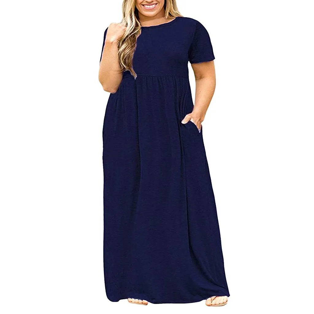 2019 New Fashion Large Size Loose Casual Dress women's Solid Color short sleeved Summer Dresses Plus Size|Женские платья| |