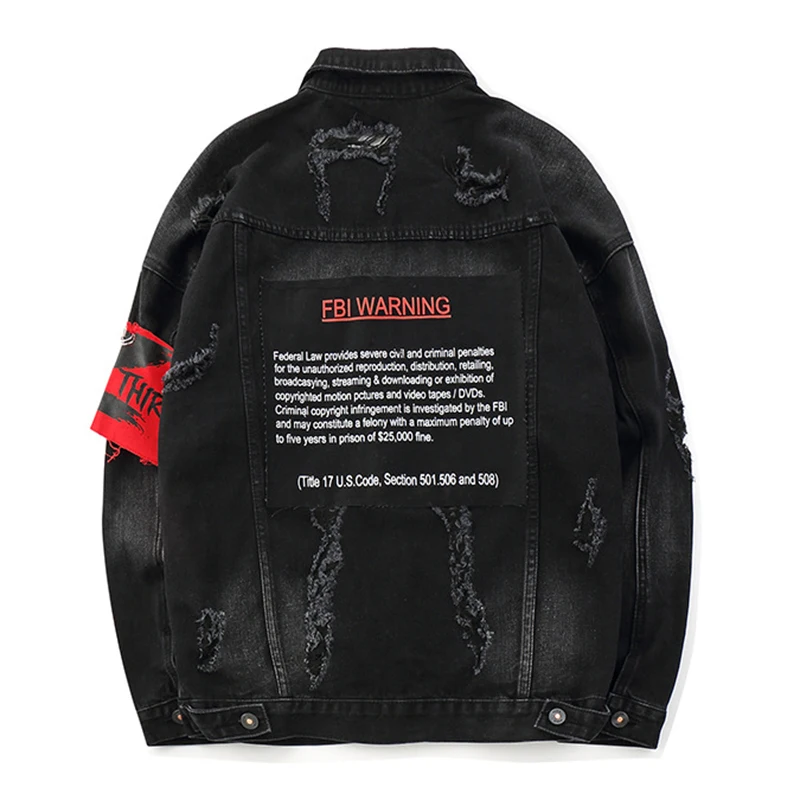 Sokotoo Men's loose letters printed jean jacket Trendy streetwear holes ripped denim coat Patchwork outerwear