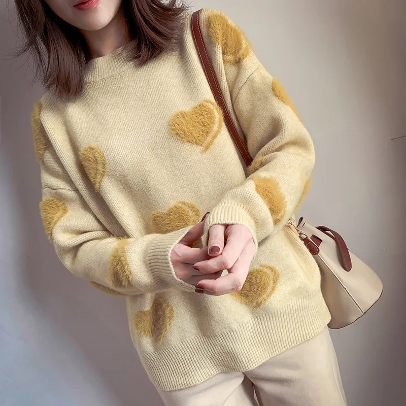 Autumn and Winter 2018 New Sweet Slim Loving Jacquard Knitted Shirt Angra with Mink Fur Loose Sweater |