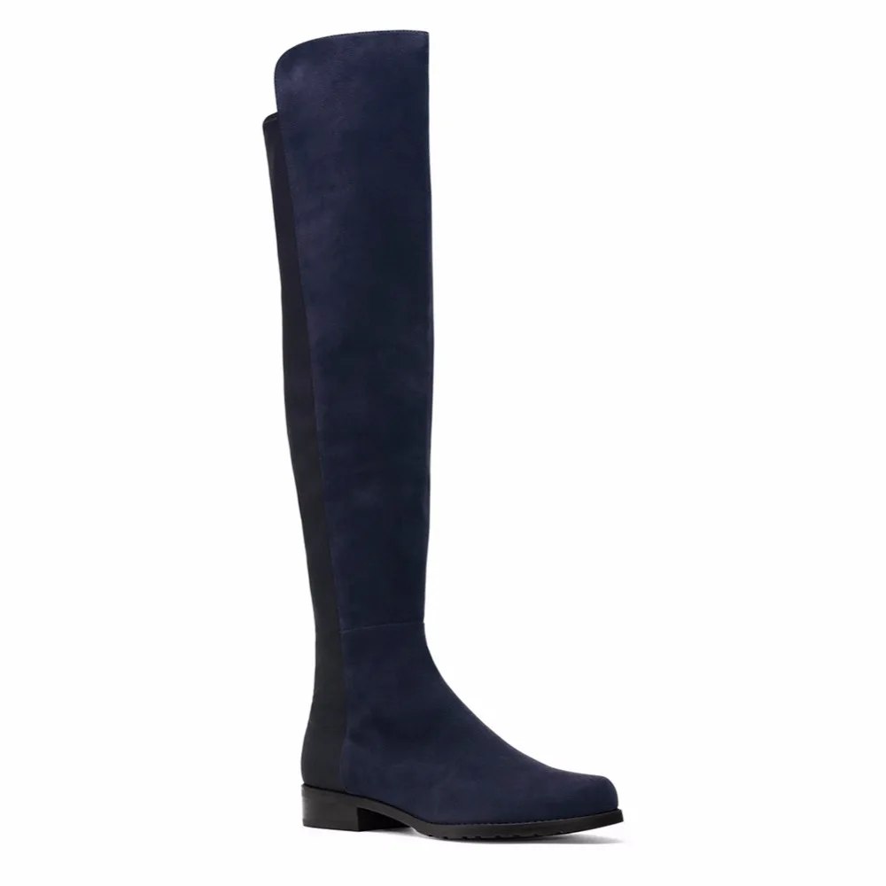 Blue Lycra Mixed Faux Suede Flat Woman Knee Boots Ladies Boots  Round Toe Slip On Winter Keep Warm Long Boots With Stretching