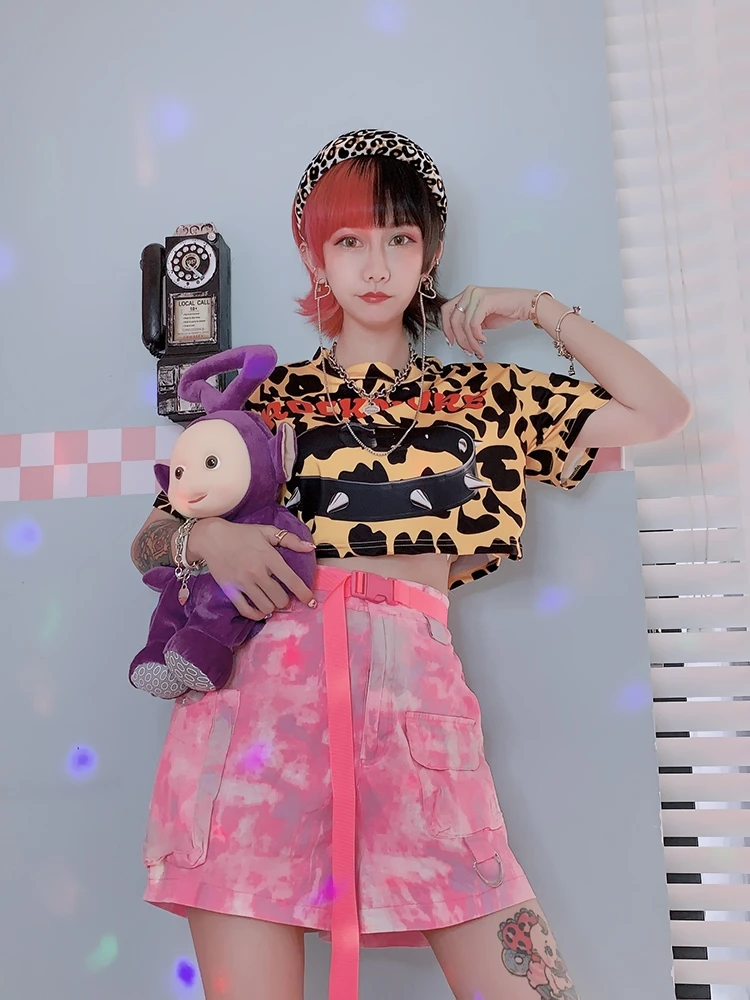 Оригинальная пикантная футболка с леопардовым принтом для девочек Короткая