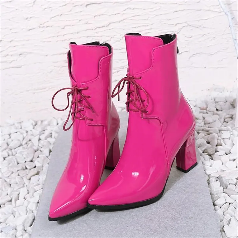 Brand Designers 2018 Winter Patent Women Shoes Black High Heels Riding Boots Lacing Platform Ankle Chunky Large Size 32-43 | Обувь
