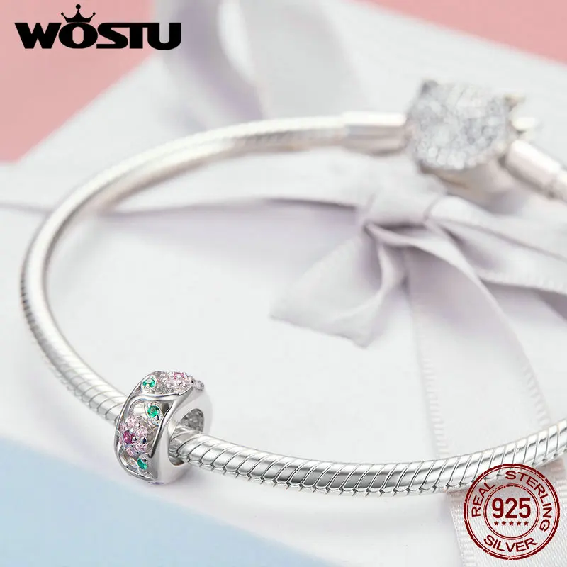 WOSTU, настоящее 925 пробы, Серебряный цветок, бусины, циркониевые амулеты, подходит для браслета, кулон для женщин, Свадебные Роскошные радужные ювелирные изделия DAC039