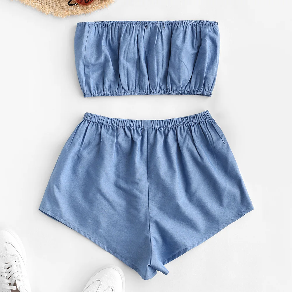 ZAFUL Модный Топ без бретелек и шорты с высокой талией комплект из двух предметов