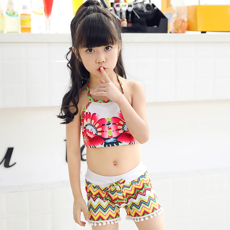 High waist Children's Two-Piece Suits White lace cover-ups 2018 new Girls swimsuit Beach cute print swimwear |