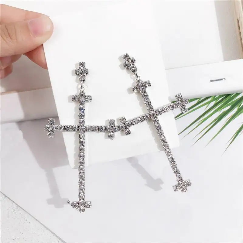 

Rhinestone Cross Big Earrings For Women New Fashion Jewelry Statement Drop Dangle Earrings Bijoux