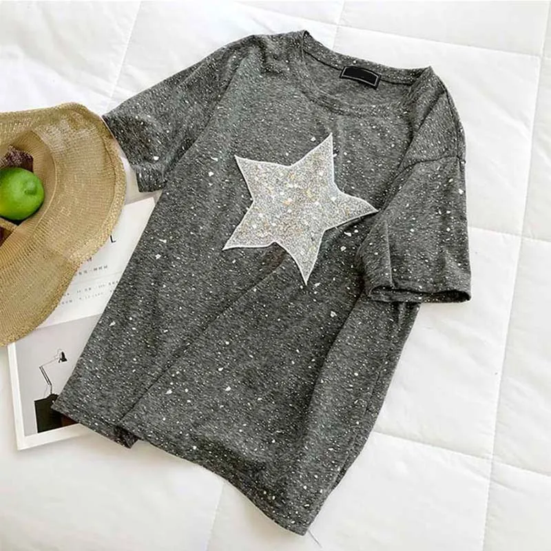 Shine star, женские футболки, лето, новинка, круглый вырез, короткий рукав, свободный, серый, расшитый блестками Топ, футболки, модная женская верхняя одежда, топы