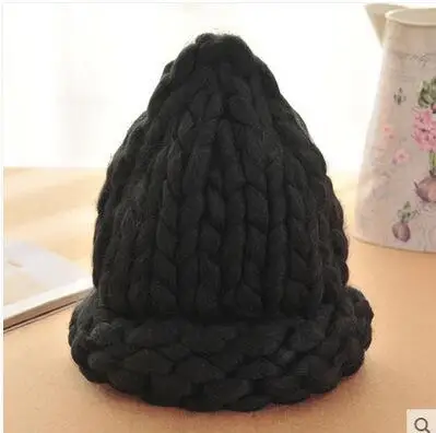 black Jiangxihuitian, женская зимняя теплая шерстяная вязаная шапка ручной работы, грубые линии, вязаные шапки, карамельный цвет, вязаные шапочки - Цвет: black