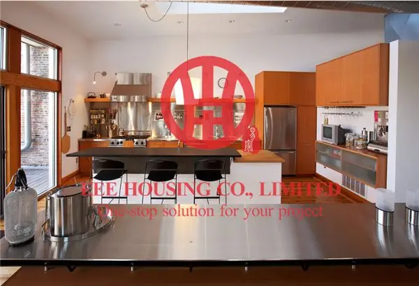 

customized modern laminated wood grain color kitchen cabinet with excellent design and quality MOQ is 1 set & sipping by sea