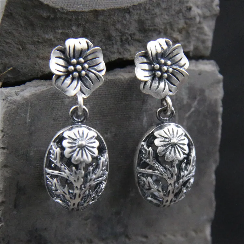 

S925 silver earrings female flower earrings silver hollow Retro Old anti allergy