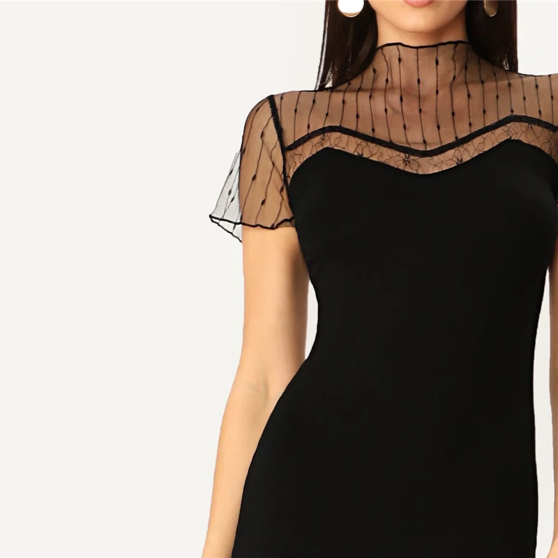 SHEIN черное Полосатое Сетчатое платье-карандаш с хомутом, прямое однотонное платье, женское Повседневное платье, летнее женское облегающее платье со стоячим воротником