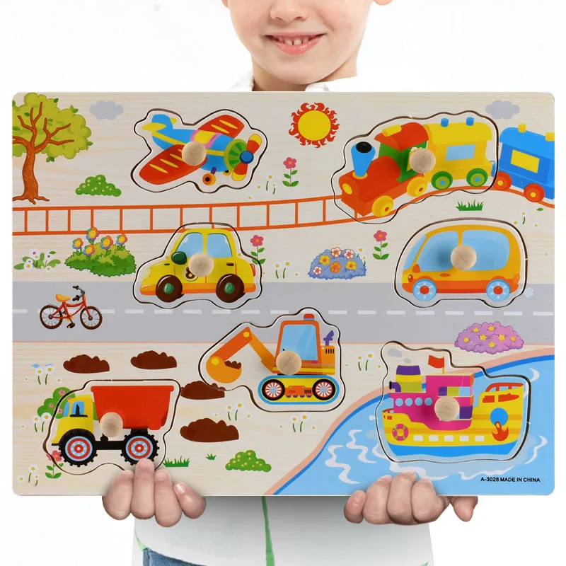 A3028 Детские игрушки Монтессори деревянный пазл/ручной захват доска набор обучающая деревянная игрушка мультфильм автомобиль/Морские животные Пазлы детские подарки - Цвет: A3028