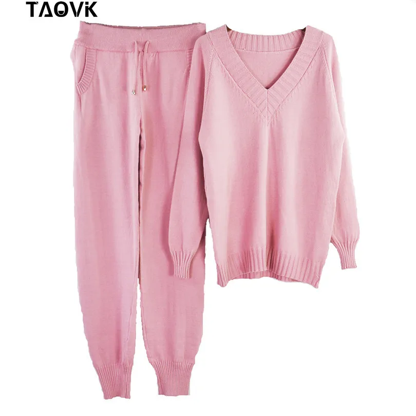 Pink TAOVK, мягкий зимний Трикотажный костюм, женские комплекты, уличная одежда, свитера с v-образным вырезом, эластичные штаны, комплект из двух предметов, комплект из 2 предметов, домашний костюм - Цвет: Pink