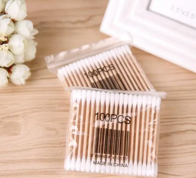 100 шт./лот женские ватные палочки для макияжа с двойной головкой деревянные