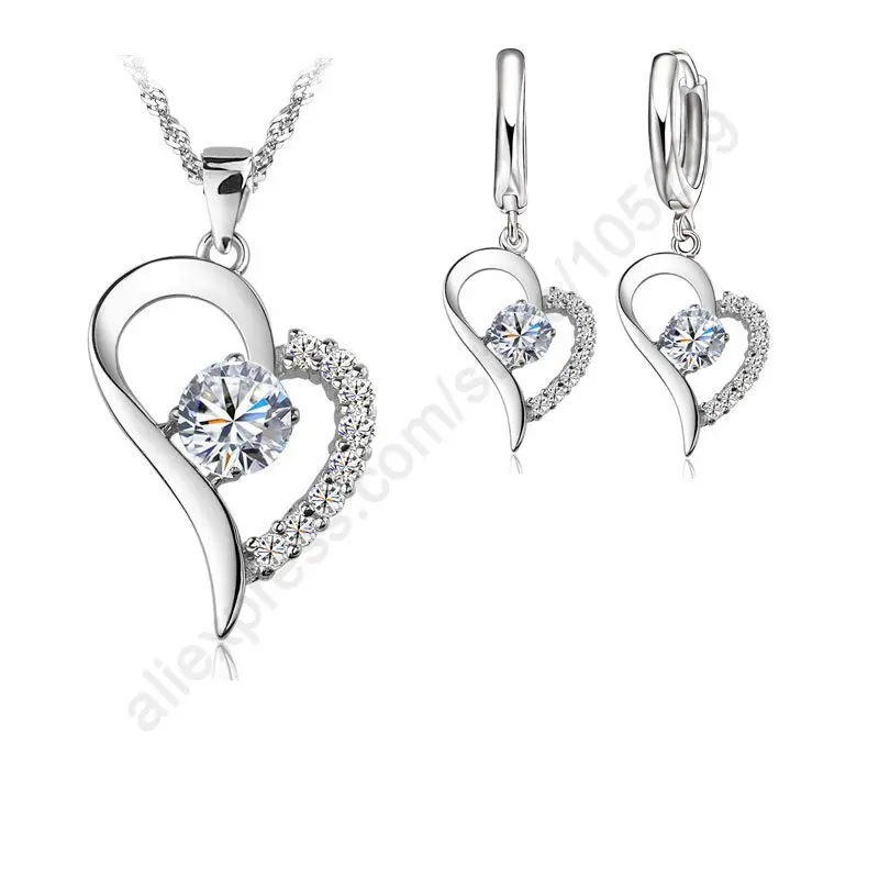 Never Run Color Bridal Jewelry Sets Sterlng Silver Cubic Zircon Heart Shaped Pendant Necklace Earrings Set | Украшения и