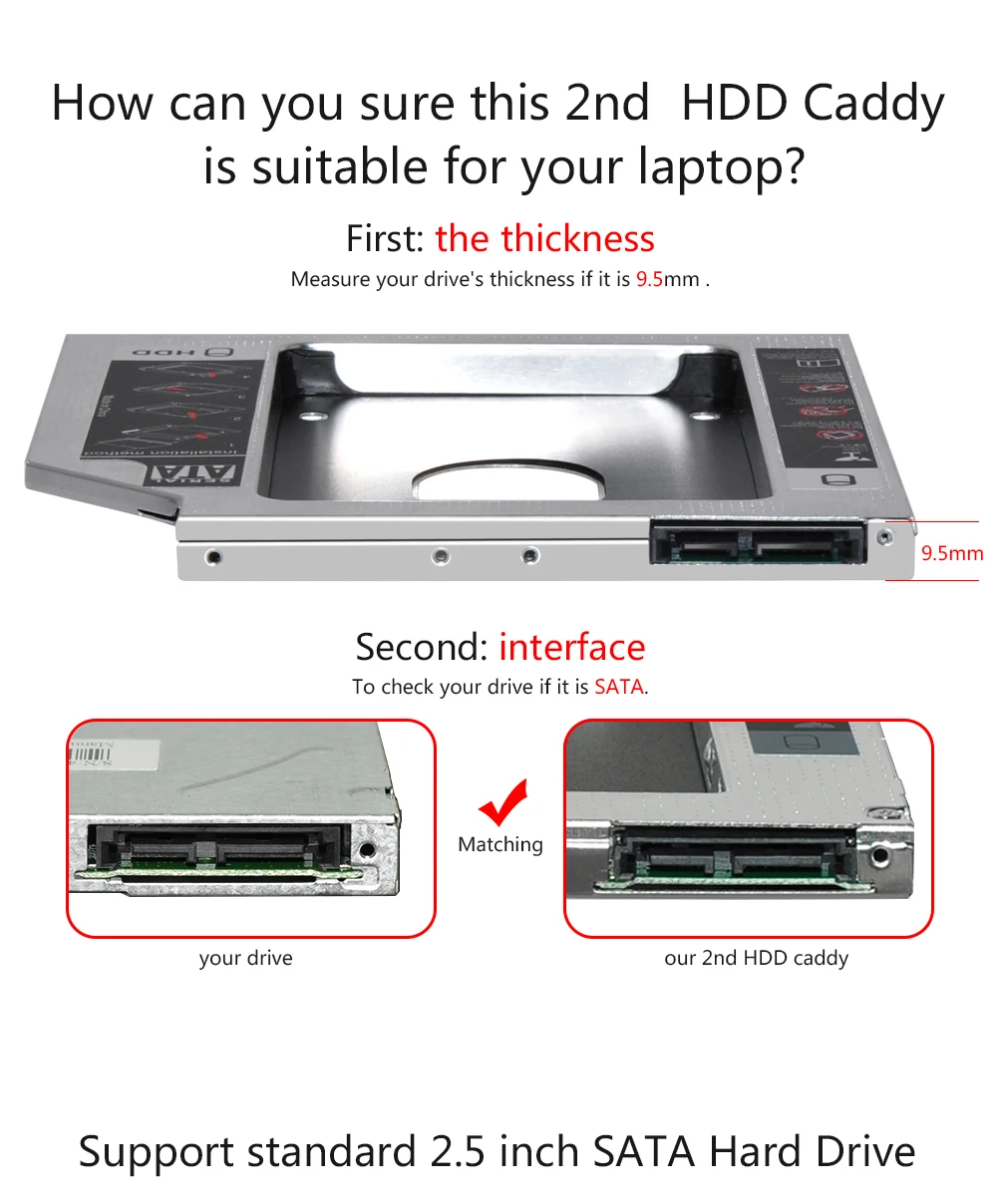 Sunvalley алюминиевый сплав 9,5 мм SATA To SATA 3,0 2nd hdd caddy 2," HDD SSD чехол для ноутбука DVD/CD-ROM Оптический отсек 10 шт./лот
