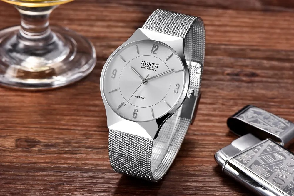 Simple Style Men Casual Watch Silver Stainless Steel Waterproof Male Quartz Wristwatch Fashion Slim Business Man's Dress Clock | Наручные