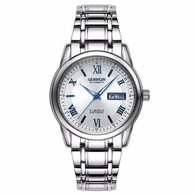 WHITE BLUE Топ люксовый бренд GUANQIN Мужские механические часы модные водонепроницаемые сапфировые светящиеся полностью стальные часы для мужчин Relogio Masculino - Цвет: WHITE BLUE