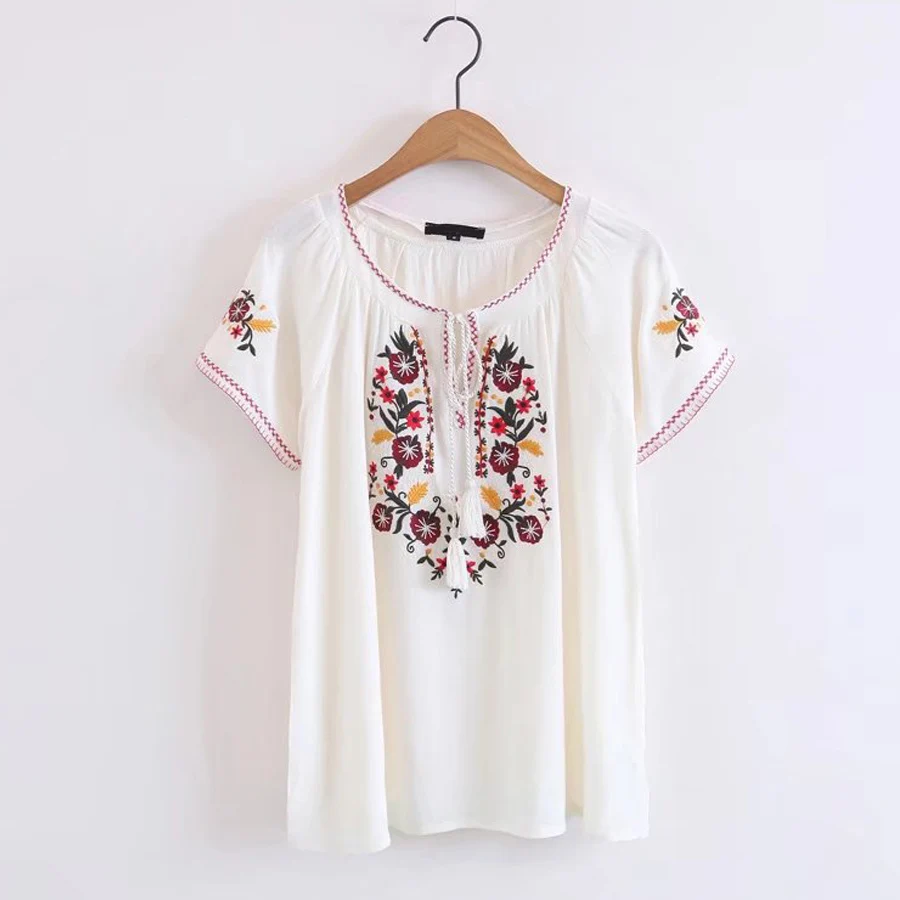 Boho тройники для женщин новые летние винтажные цветочные вышивки с коротким рукавом v-образным вырезом taseel Топ повседневные богемные праздничные женские топы