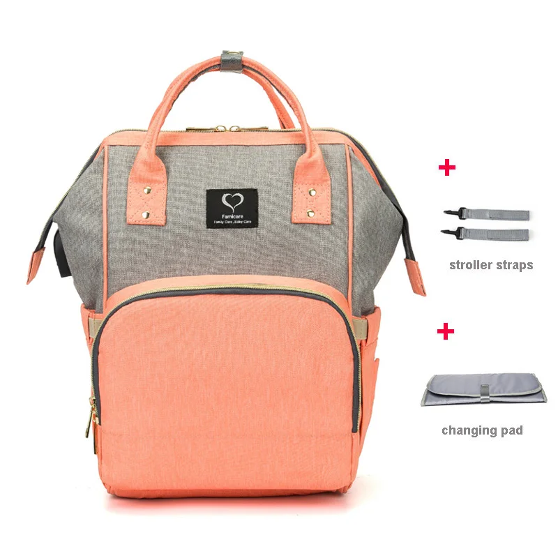 grey orange pink Сумка для подгузников, рюкзак, USB сумка для детских подгузников, водонепроницаемая сумка для беременных, дорожная сумка для кормления, сумка для детской коляски, разные цвета - Цвет: grey orange pink