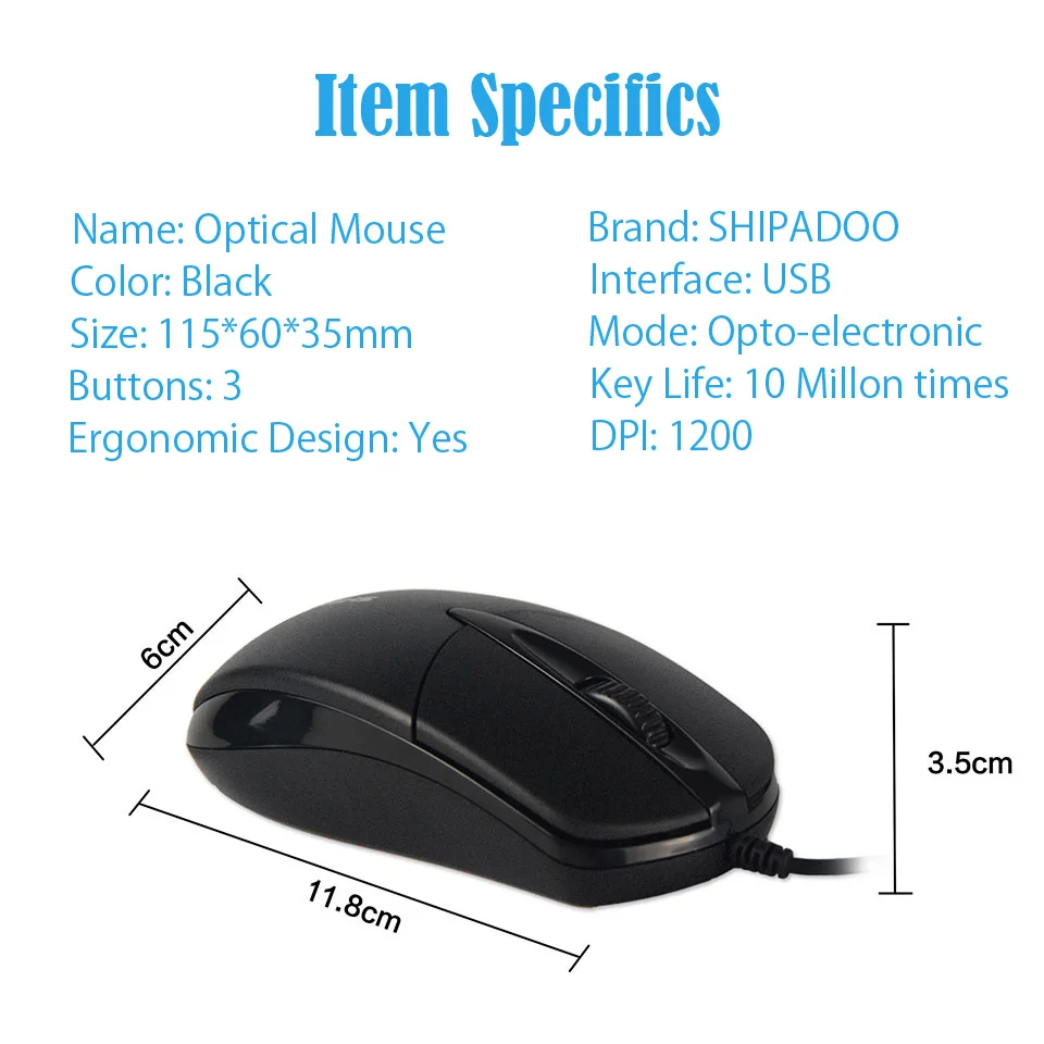 Оптическая компьютерная мышь SHIPADOO S100 1200 DPI Классическая проводная USB