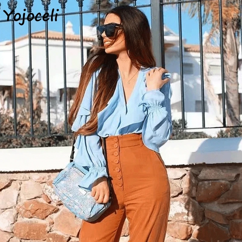 Yojoceli Синий рюшами женские блузки рубашки лето 2019 г. Уличная blusas feamle повседневное v