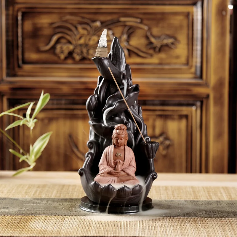 Сандаловое дерево держатель для благовоний с изображением Будды и Гуаньинь