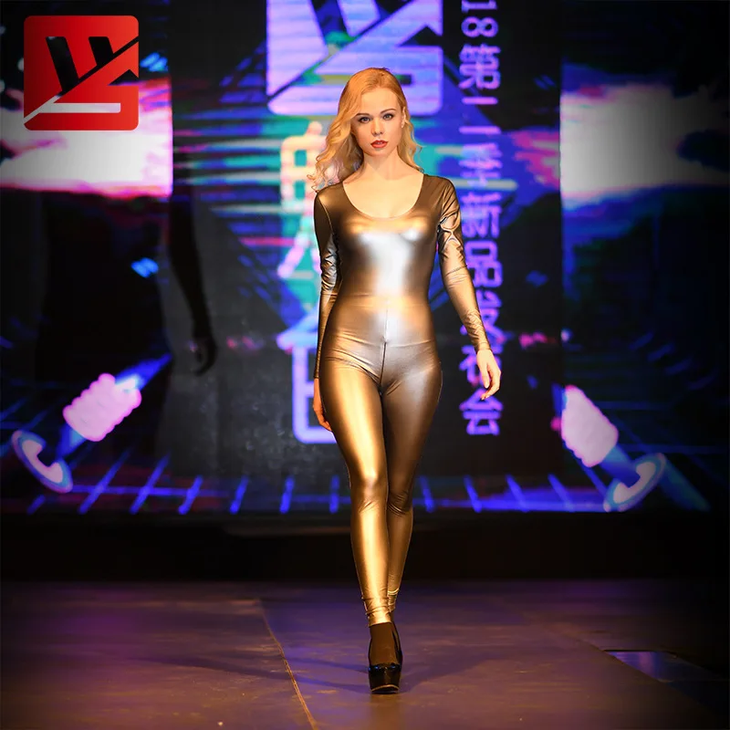 Женский Блестящий Комбинезон из искусственной кожи боди с круглым вырезом и
