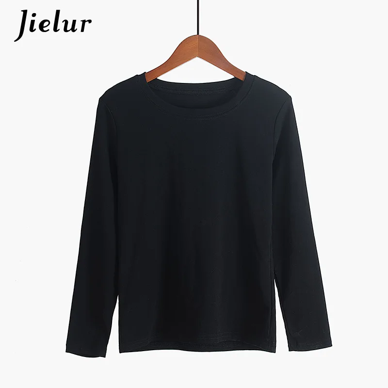 Черный Jielur 5 Solid Color Hipster Long Sleeve Tshirt Women White O Neck Basic Tshirt Feminina Simple Korean Style Vetement Femme - Цвет: Черный