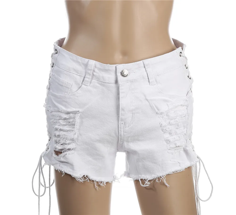 Сексуальные джинсовые шорты со шнуровкой сбоку женские белые короткие с