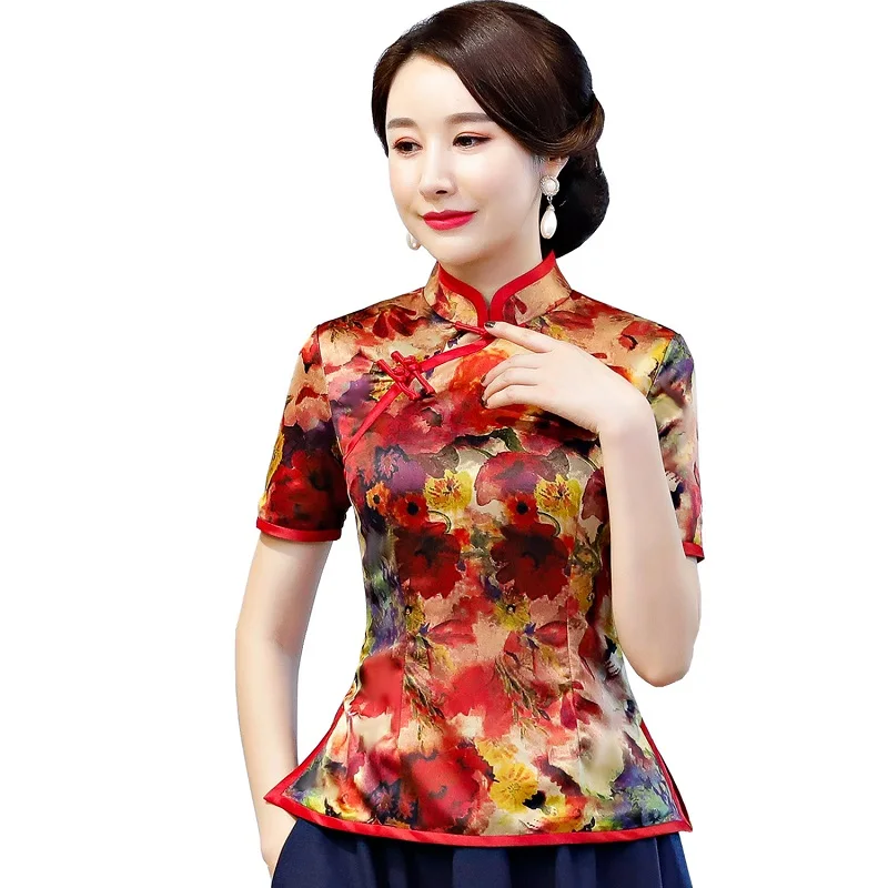 Шанхай история Китайский традиционный Топ цветочный Cheongsam топы китайская блузка Qipao рубашка с коротким рукавом Китайский Топ для женщин - Цвет: 05