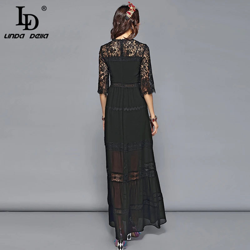 Женское вечернее платье LD LINDA DELLA черное однотонное длинное с рукавом 3/4 и