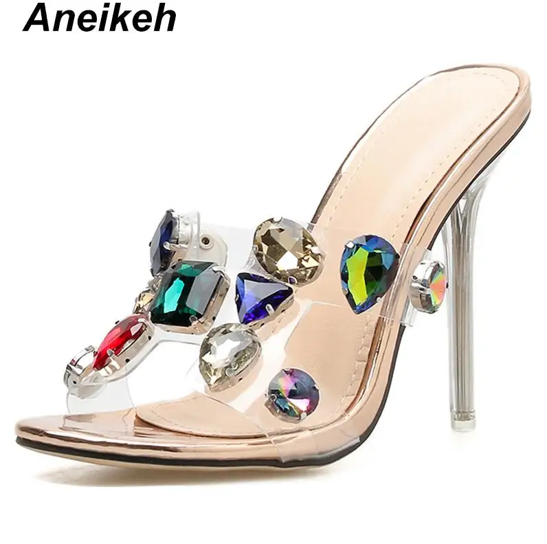 Champagne Aneikeh/Новинка года; пикантные босоножки из ПВХ с прозрачным каблуком; пикантные босоножки на тонком каблуке с открытым носком и кристаллами; женские босоножки на прозрачном каблуке; шлепанцы - Цвет: Champagne