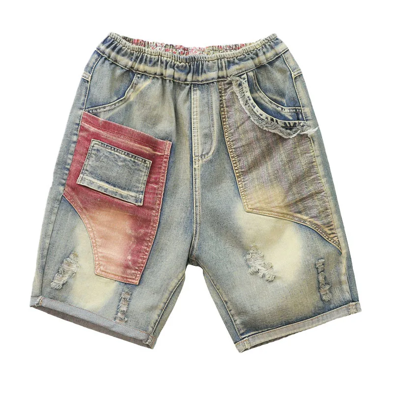 Женские летние джинсовые шорты Лоскутные Разорванные манжеты карманы Ретро Инди