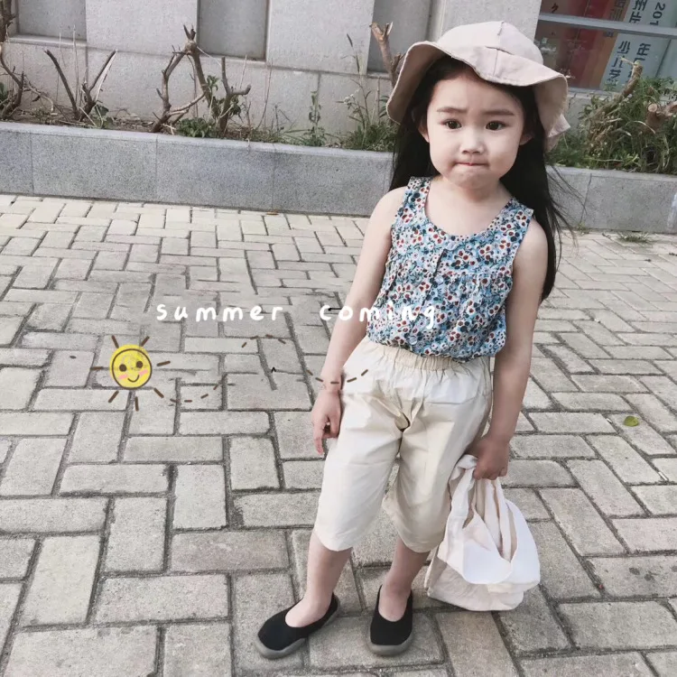

Girl Summer New Floral Vest T Shirts Clothes Cotton Fashion Print Tees+casual Pants Set Children Cropped Pants Suit Girl Clothes