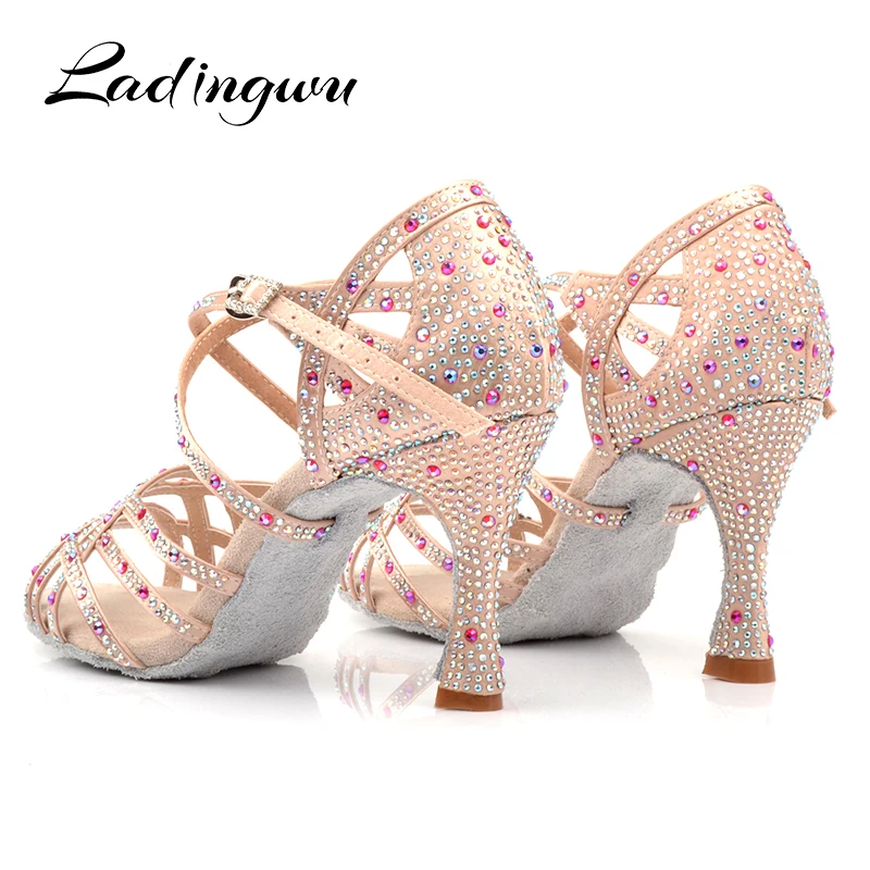 Ladingwu Dance Shoes Latin Women Big Small Red pomegranate Rhinestone Salsa Tango Dancing Wedding Cuba Heel 6-9cm | Спорт и