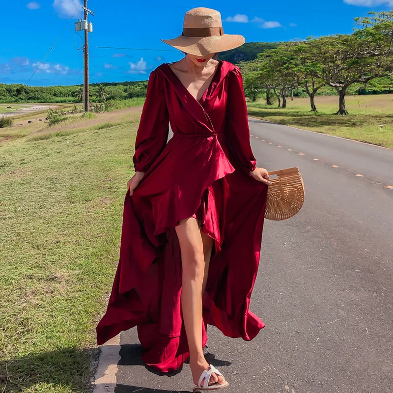 Однотонное свободное летнее богемное пляжное платье с поясом длинные женские