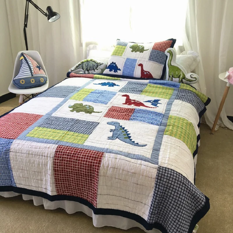 

Kids Bedspread Quilt Set 2pcs Coverlet Quilted Bed Covers Washed Cotton Dinosaur Embroidered Quilts Cover Twin Size Boys Bedding