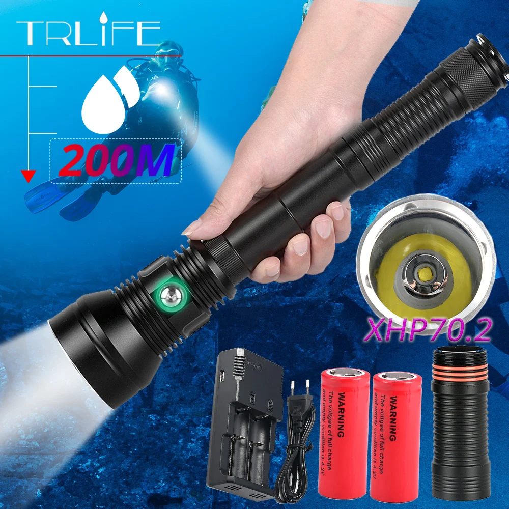 XLamp Diving Flashlight Scuba XHP70.2 Professional LED Underwater Torch 200m XHP70 IPX8 Waterproof Dive Lamp use 26650 Battery