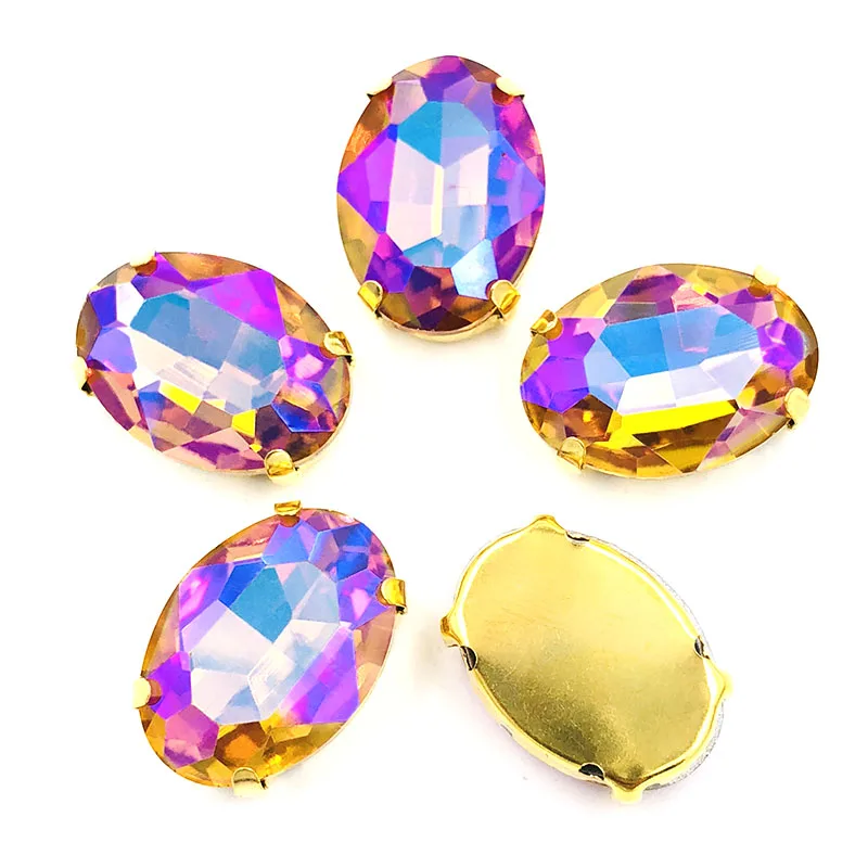 Yellow AB 10x14 мм/13x18 мм, овальная форма, 20 шт., Хрустальное стекло, Золотая основа, пришивные стразы с плоским основанием, с когтями, для DIY, аксессуары для одежды - Цвет: Yellow AB